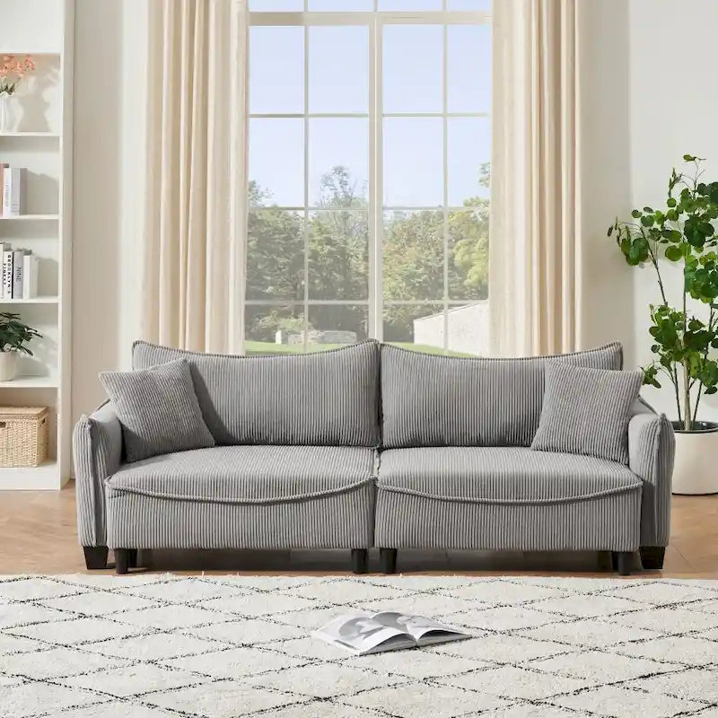 Green Corduroy Convertible Sofa Bed with Two Throw Pillows