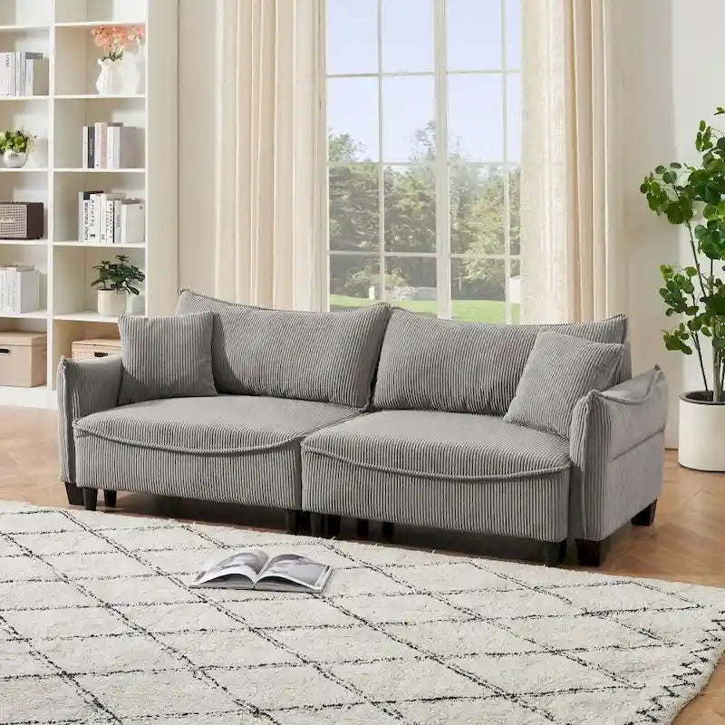 Green Corduroy Convertible Sofa Bed with Two Throw Pillows