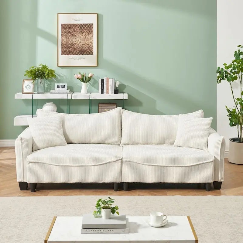 Green Corduroy Convertible Sofa Bed with Two Throw Pillows