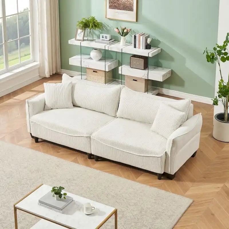 Green Corduroy Convertible Sofa Bed with Two Throw Pillows