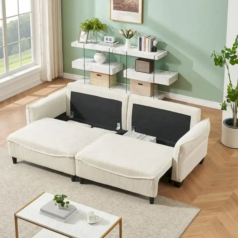 Green Corduroy Convertible Sofa Bed with Two Throw Pillows