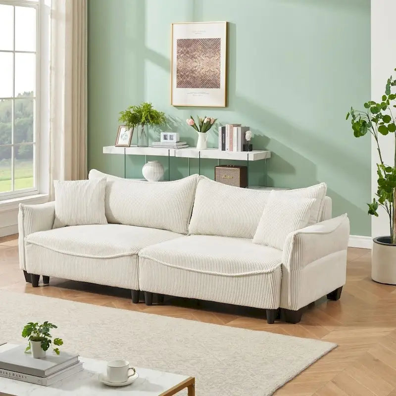 Green Corduroy Convertible Sofa Bed with Two Throw Pillows