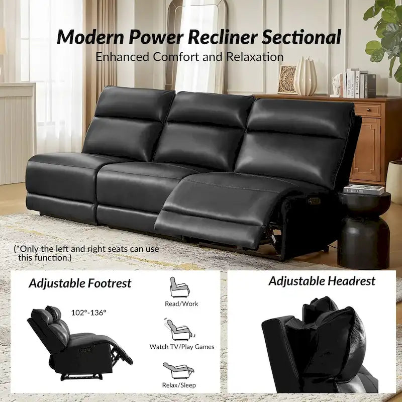 Modern Genuine Leather Power Reclining Corner Sectional with USB & Type-C Ports