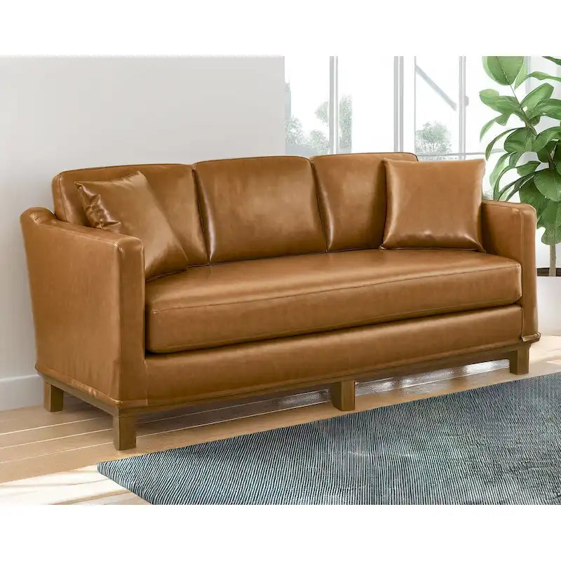 3-Seater Upholstered Sofa with Wood Base and Throw Pillows