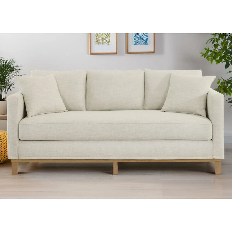 3-Seater Upholstered Sofa with Wood Base and Throw Pillows