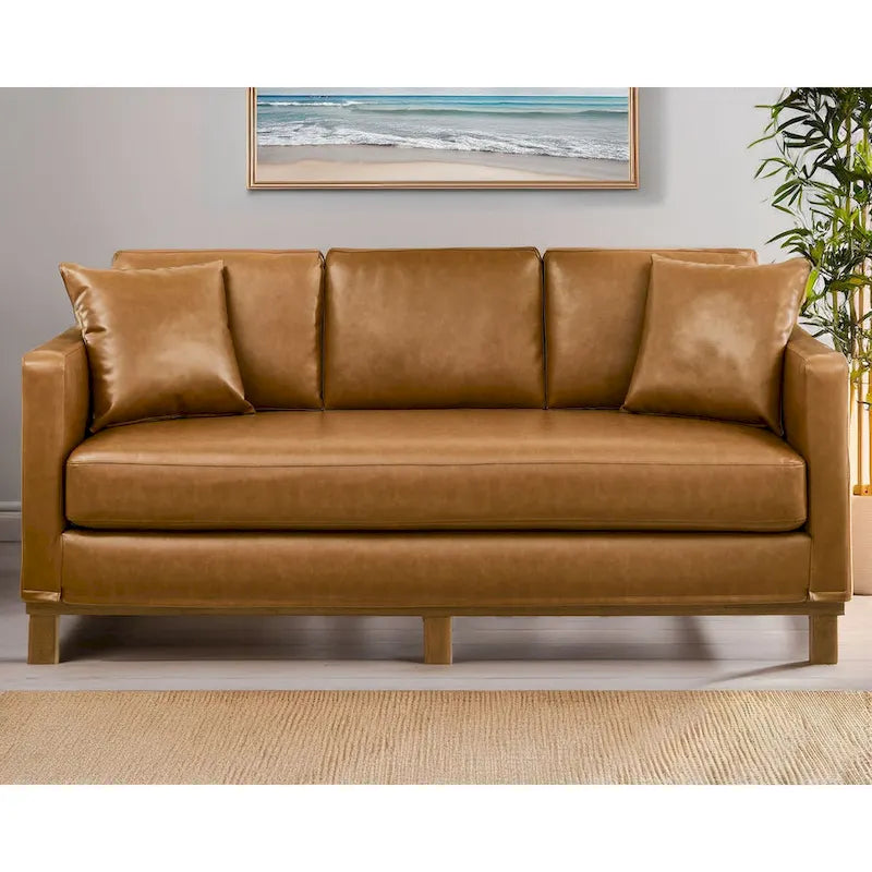 3-Seater Upholstered Sofa with Wood Base and Throw Pillows