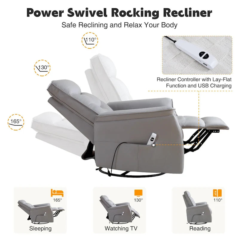 Swivel Power Recliner Faux Leather Glider with USB Port