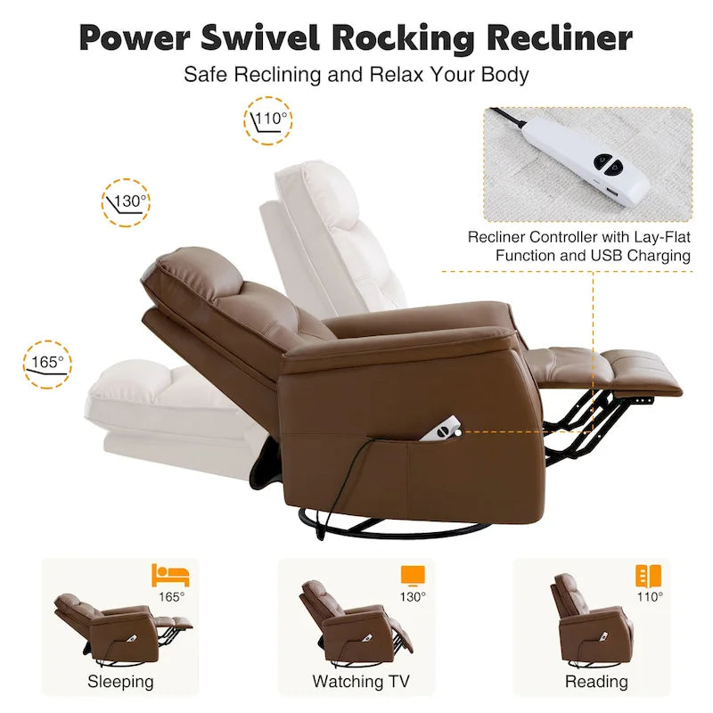 Swivel Power Recliner Faux Leather Glider with USB Port