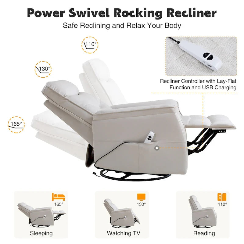 Swivel Power Recliner Faux Leather Glider with USB Port