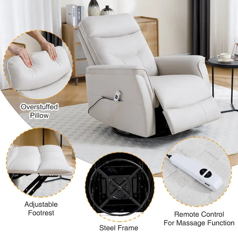 Swivel Power Recliner Faux Leather Glider with USB Port